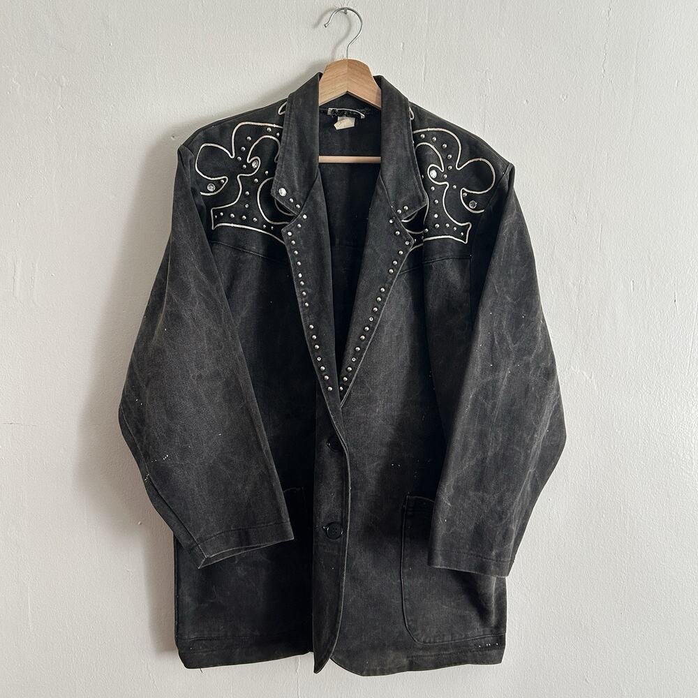 Vintage Women’s Expressions By Hold Everything Denim Blazer Rhinestone Black L